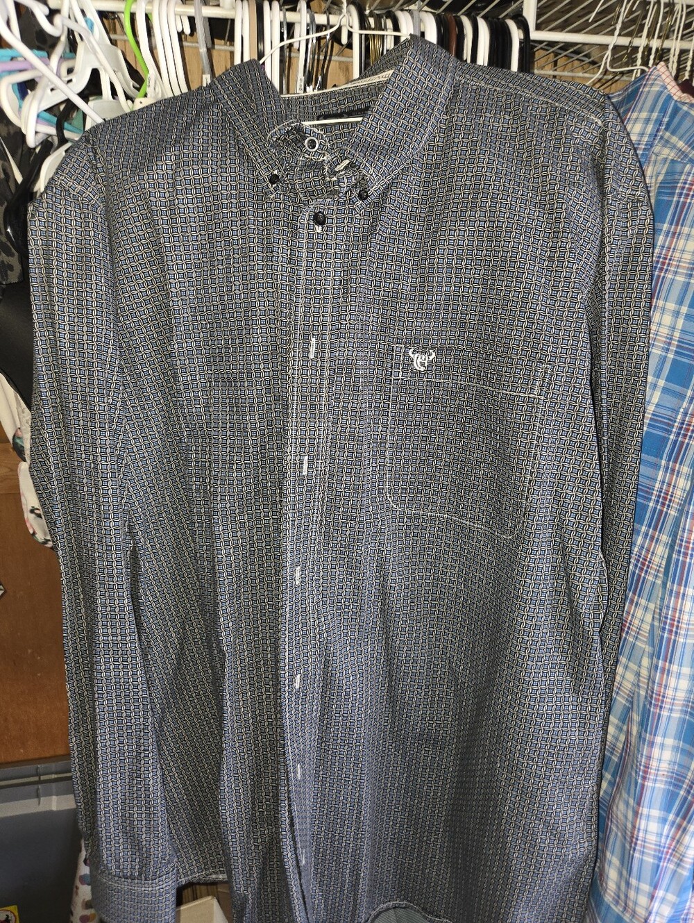 Cowboy Hardware Men's Long-Sleeve Blue Black White Patterned Dress Shirt